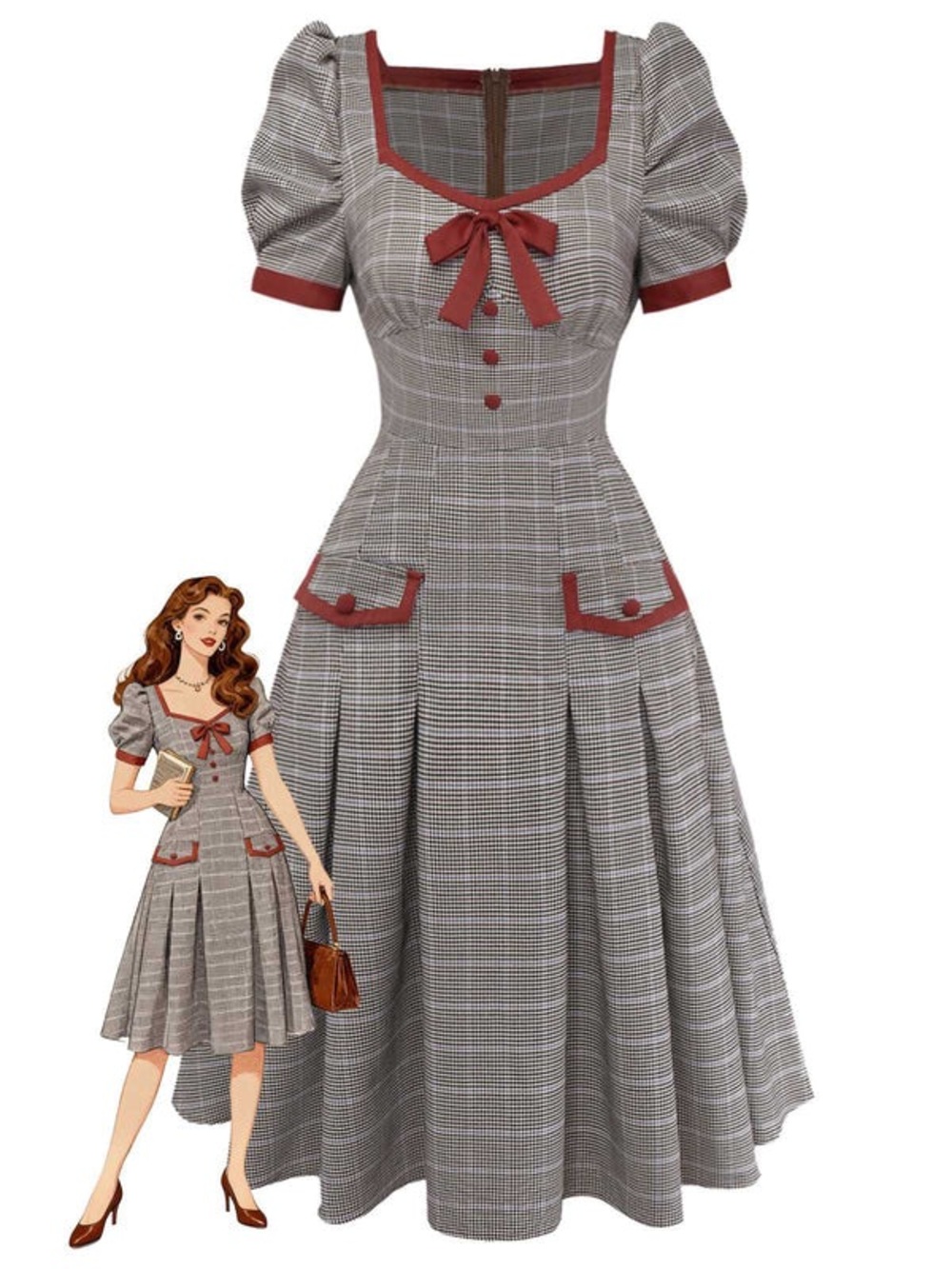 BROWN 1950S BOW HOUNDSTOOTH PLEATED DRESS